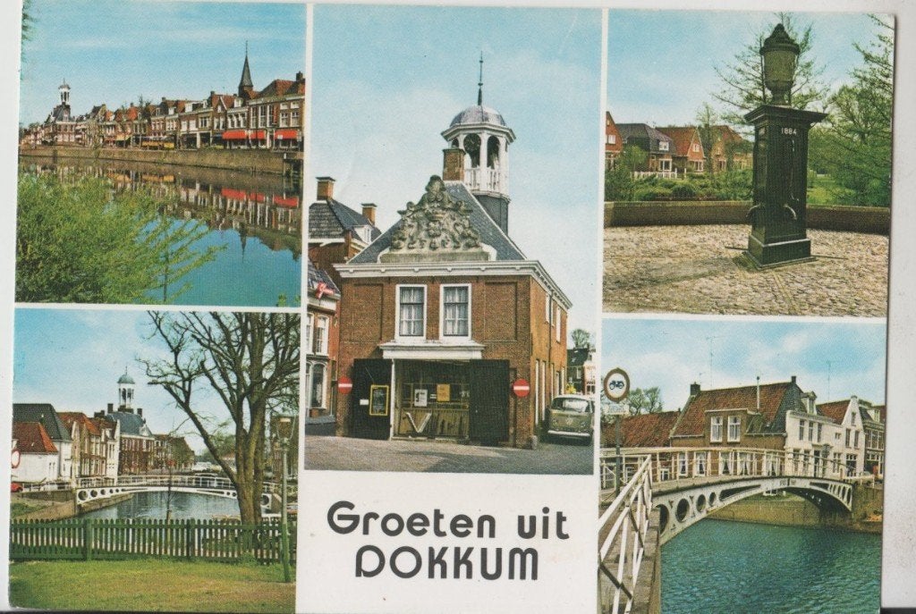 Dokkum Groeten 5 luik Stadhuis Stadspomp Gelopen '82 m zegel, Ophalen of Verzenden, 1980 tot heden, Gelopen, Friesland