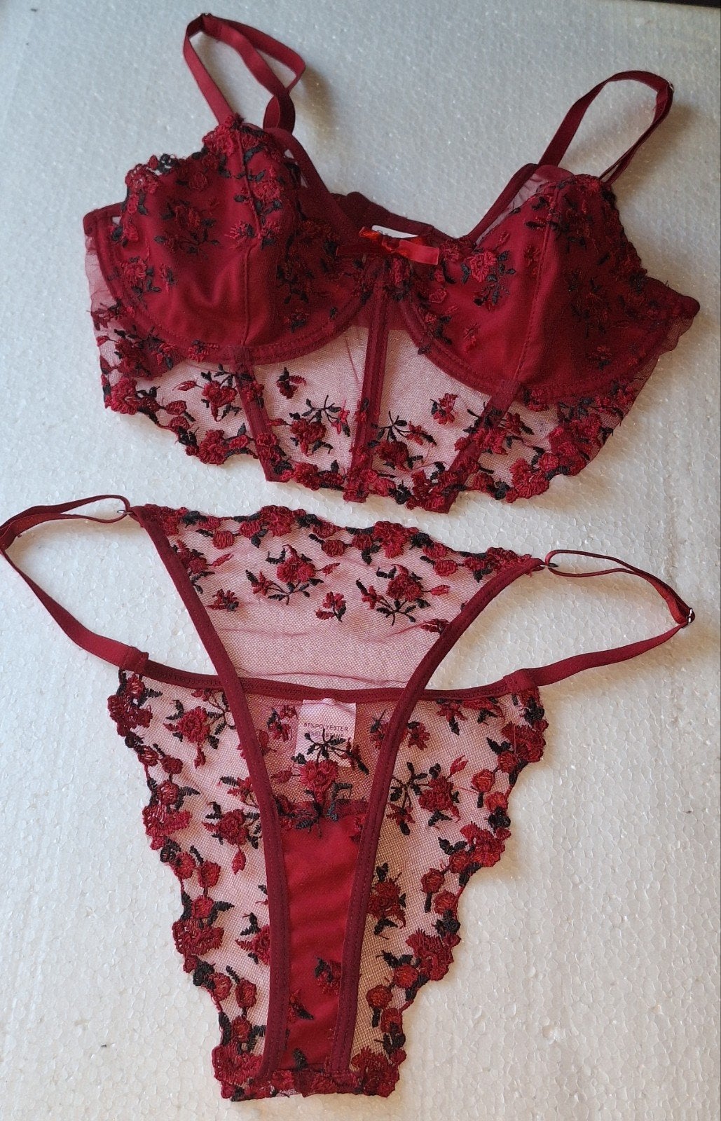 Sexy bordeauxrood transparant setje XL, Verzenden, Rood, Setje