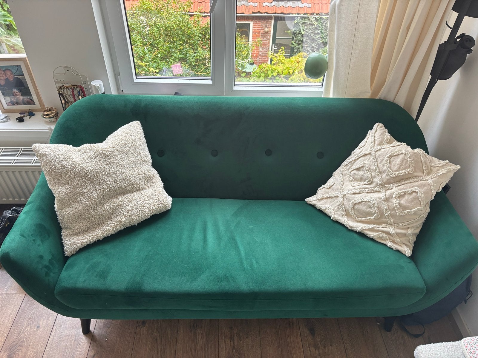 Groene fluwelen tweepersoonsbank, Huis en Inrichting, Ophalen, Gebruikt, 150 tot 200 cm, Tweepersoons