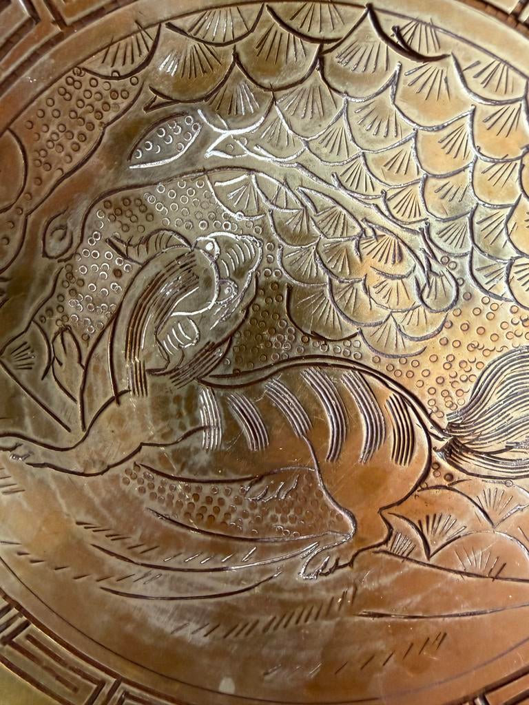 Antieke Chinese koperen wandplaat met draken en tijger, Ophalen of Verzenden
