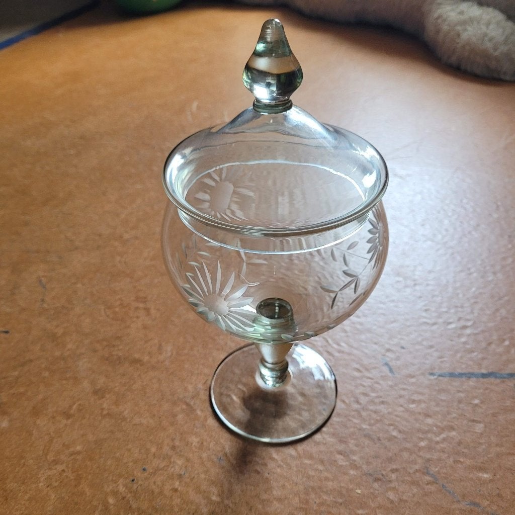 Vintage glazen bonbonnière met geëtst margrietmotief, Antiek en Kunst, Antiek | Glas en Kristal, Ophalen of Verzenden