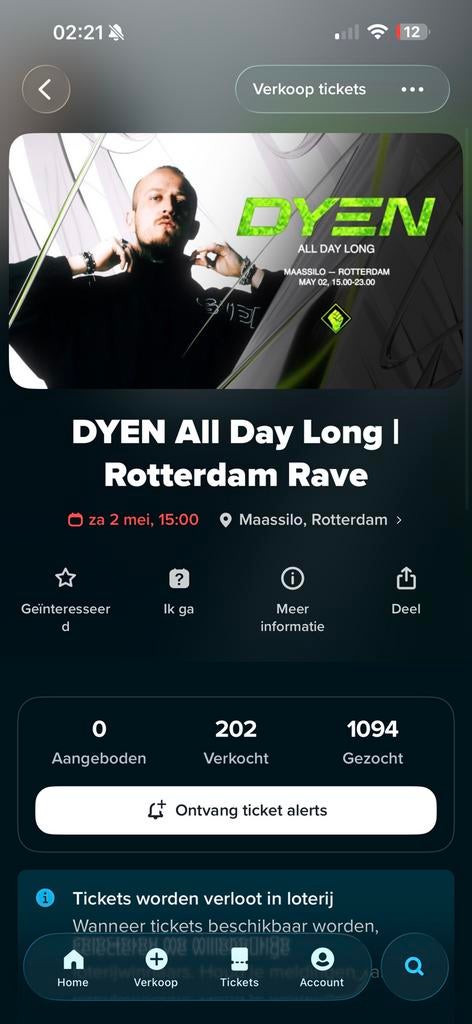 2 ticket DYEN ALL DAY LONG rotterdam rave, Eén persoon