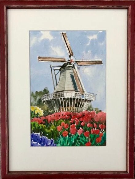 Molen en Tulpen, Antiek en Kunst, Kunst | Schilderijen | Modern, Landschap, Aquarel, Papier/karton, Ophalen of Verzenden