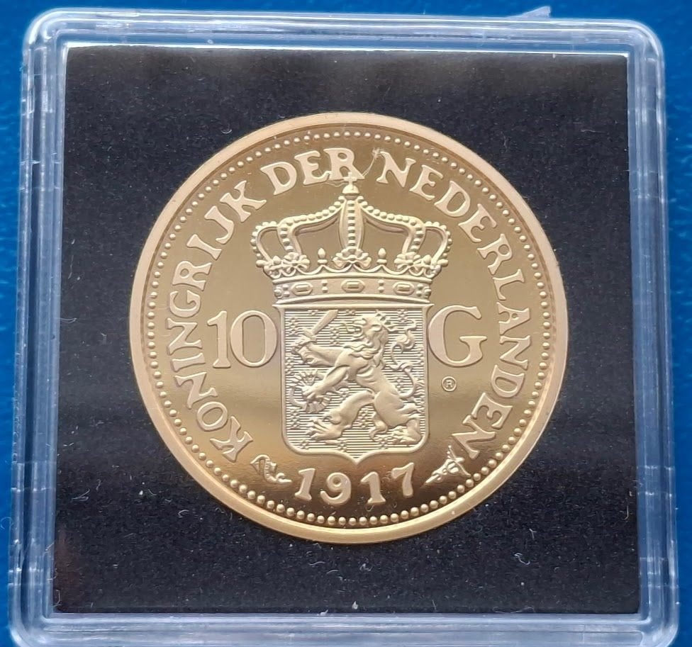 Originele Herslag 10 Gulden 1917 - Wilhelmina, Verzenden, Brons, Nederland