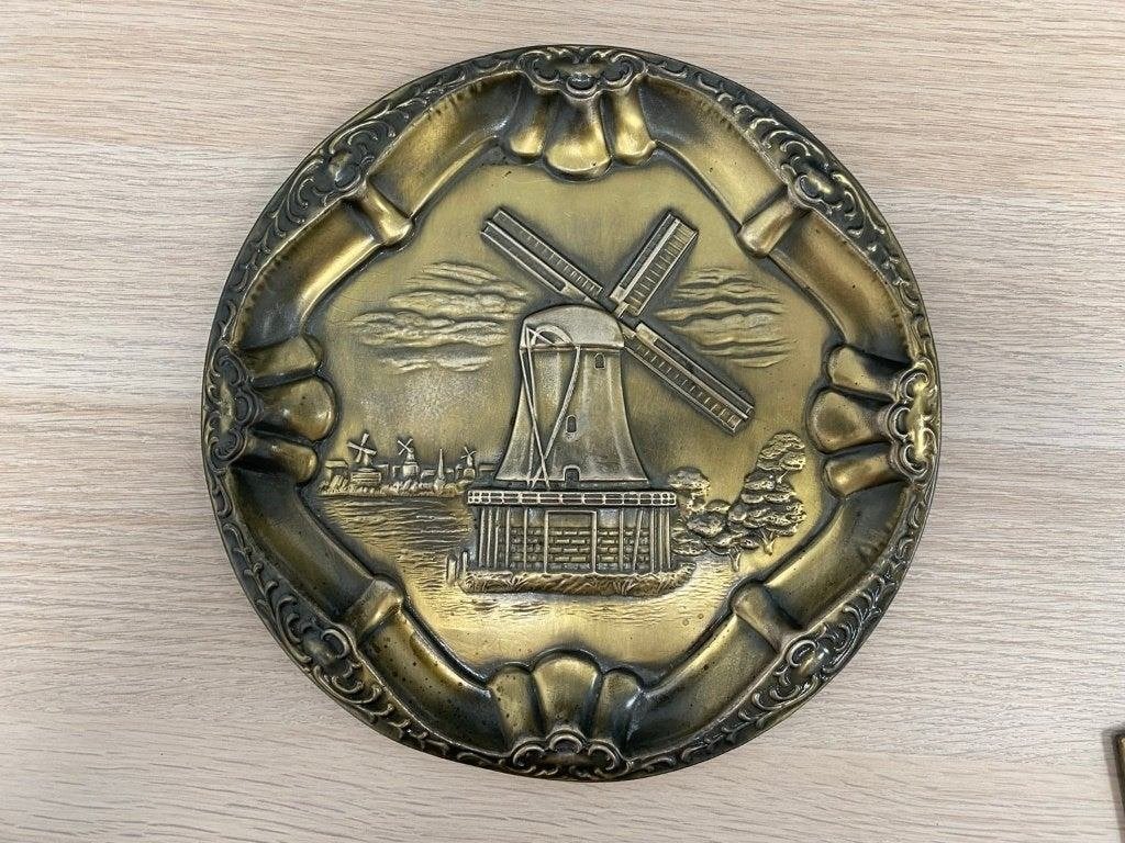 Vintage messing wandbord met windmolen – Ø 25 cm, Ophalen