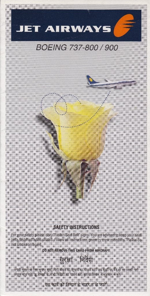 Safetycard Jet Airways Boeing 737-800/900, Ophalen of Verzenden, Gebruikt, Kaart, Foto of Prent
