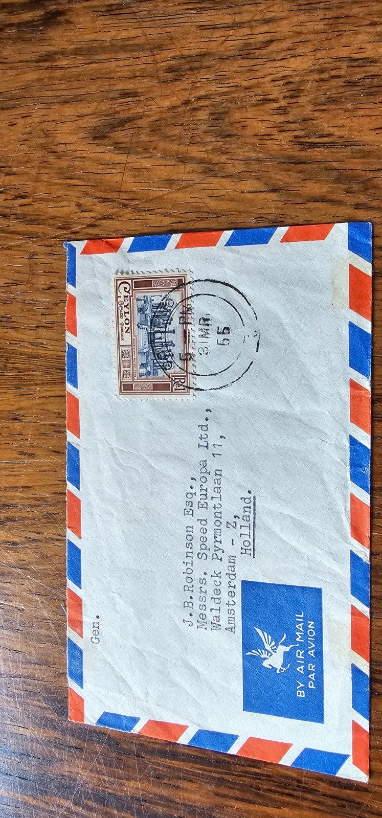 Luchtpoststuk Ceylon naar Nederland, gestempeld 1955, Verzenden, 1940 tot 1960