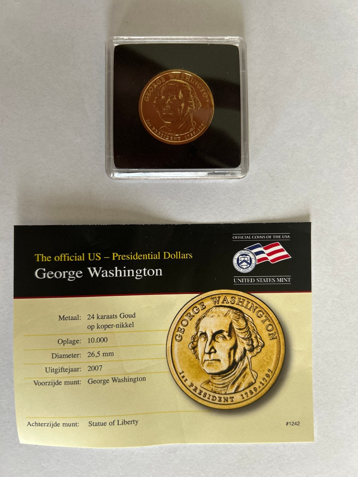 George Washington US Presidential Dollar - 24K Goud, Postzegels en Munten, Munten | Amerika, Ophalen of Verzenden, Noord-Amerika