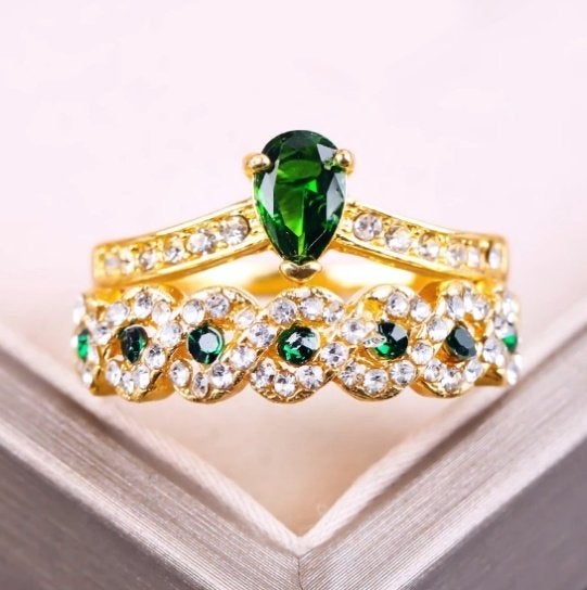 18K goud verguld 2 in 1 ring met groene en witte zirkonen, 18 tot 19, IJzer of Staal, Nieuw, Ophalen of Verzenden