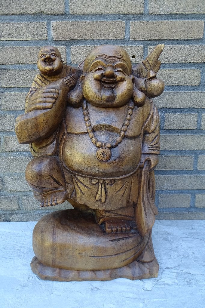 Houten Happy Boeddha beeld met kind – 50 cm, Gebruikt, Nvt particulier, Ophalen of Verzenden, Hout