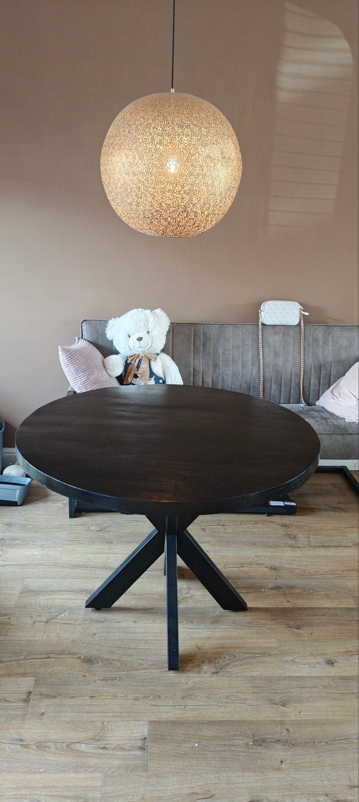 Zwarte ronde eettafel mangohout 110 cm met spinpoot #5, Overige houtsoorten, Rond, Nieuw, Ophalen of Verzenden