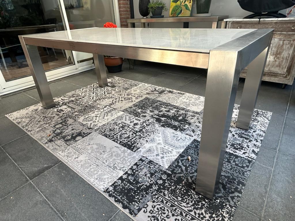 RVS tuinset met crème wit aluminium blad en 6 stoelen, Ophalen, Gebruikt, Eettafel, 6 zitplaatsen