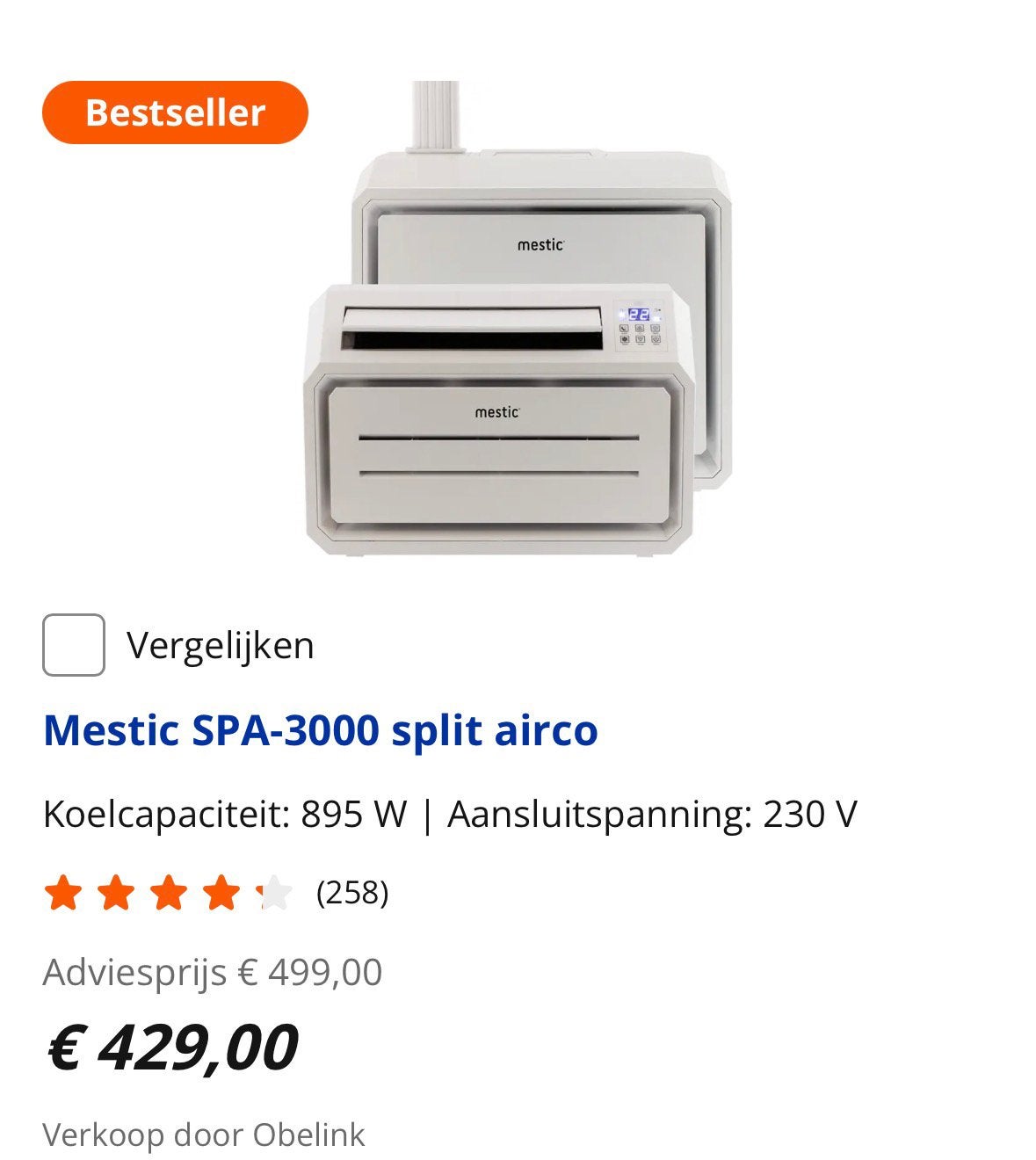 Mestic spa-3000 split airco caravan, Ophalen, Minder dan 60 m³, 3 snelheden of meer, Zo goed als nieuw