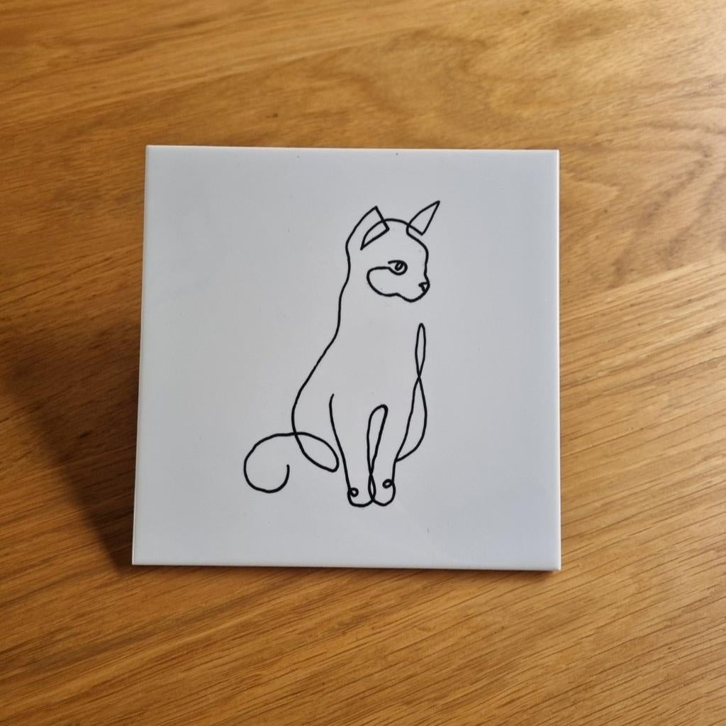 Tegeltje lijntekening lijn tekening zittende poes kat, Ophalen of Verzenden