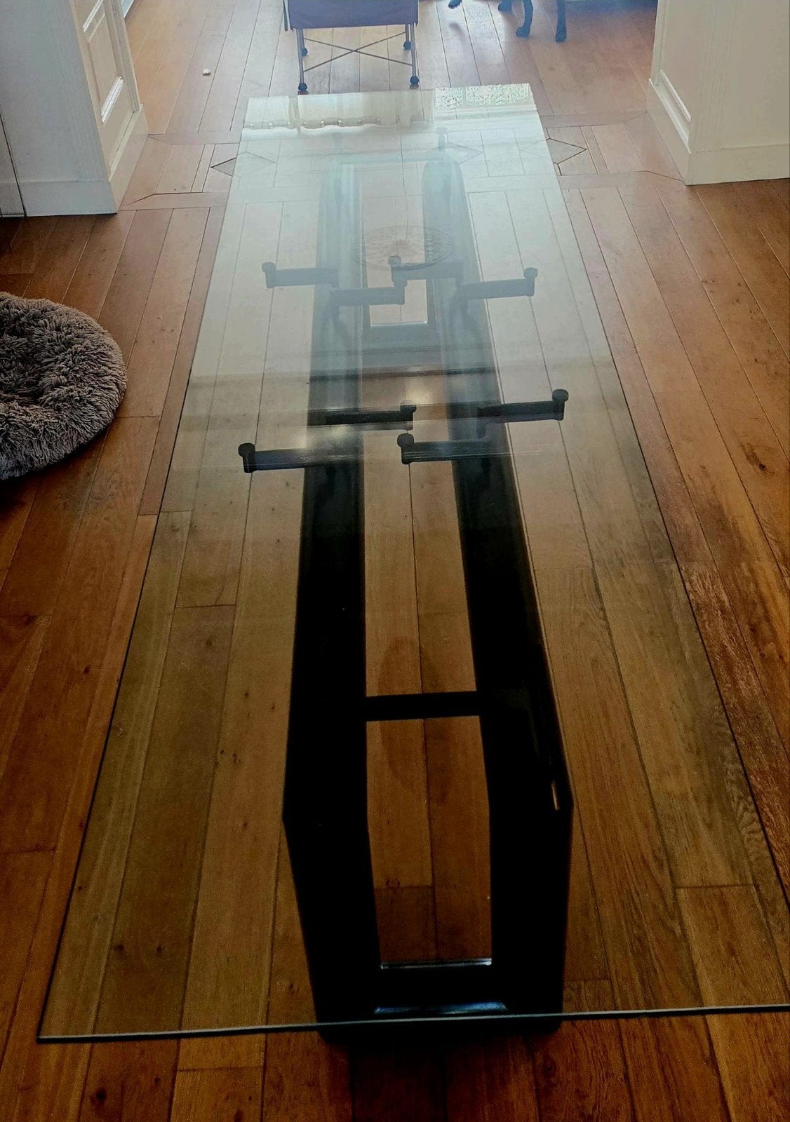 Replica Corbusier eettafel met glazen blad (300x85x71), Ophalen, Gebruikt, 200 cm of meer, 50 tot 100 cm