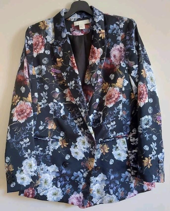 H&M zwart gebloemd colbertjasje, jasje maat 40, Maat 38/40 (M), H&M, Zwart, Ophalen of Verzenden