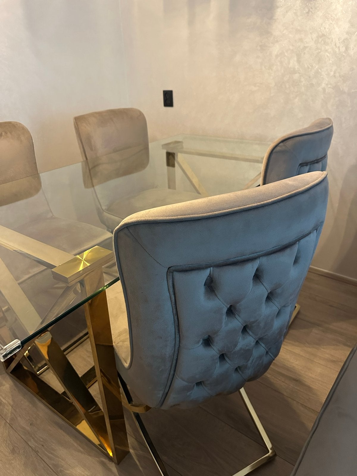 Moderne glazen eettafel en stoelen + salontafel, Ophalen, 100 tot 150 cm, 50 tot 100 cm, Vier personen