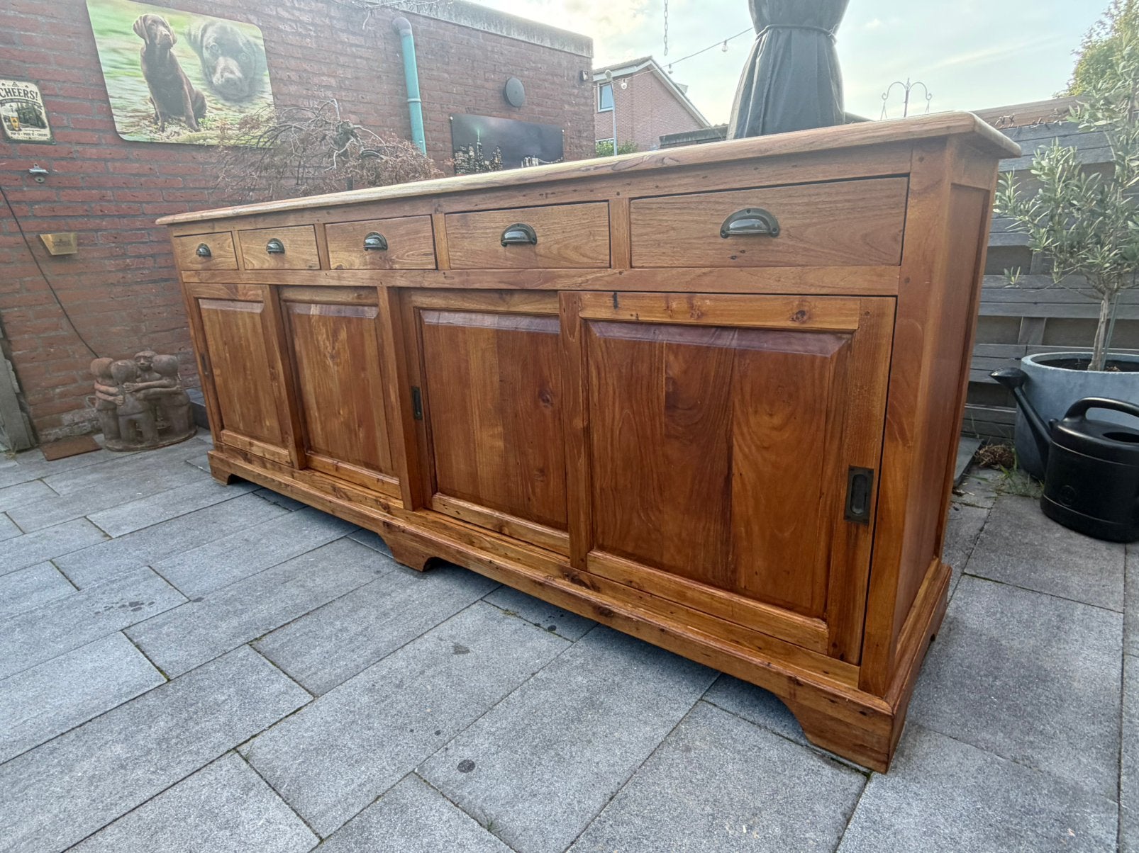 Dressoir teak met 5 lades en 4 schuifdeuren, Gebruikt, Teakhout, Met lade(s), Ophalen of Verzenden