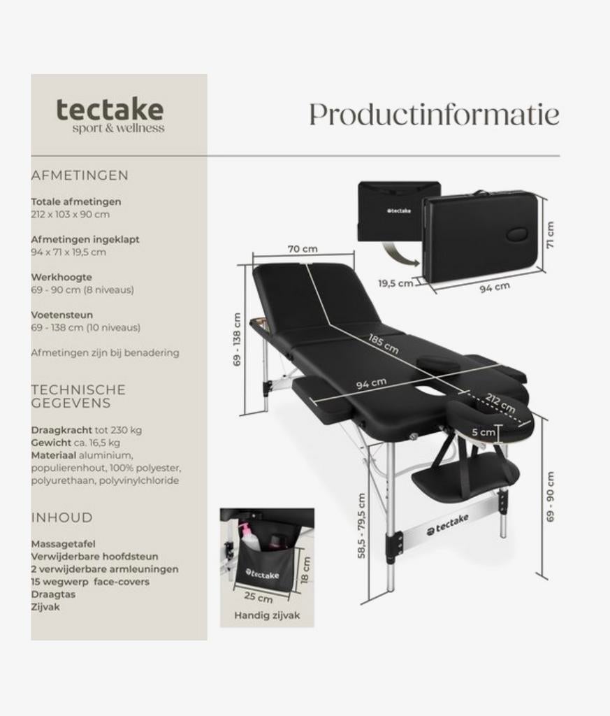Tectake 3-Zones Massagetafel - Aluminium Frame, 5 cm Vulling, Ophalen, Nieuw