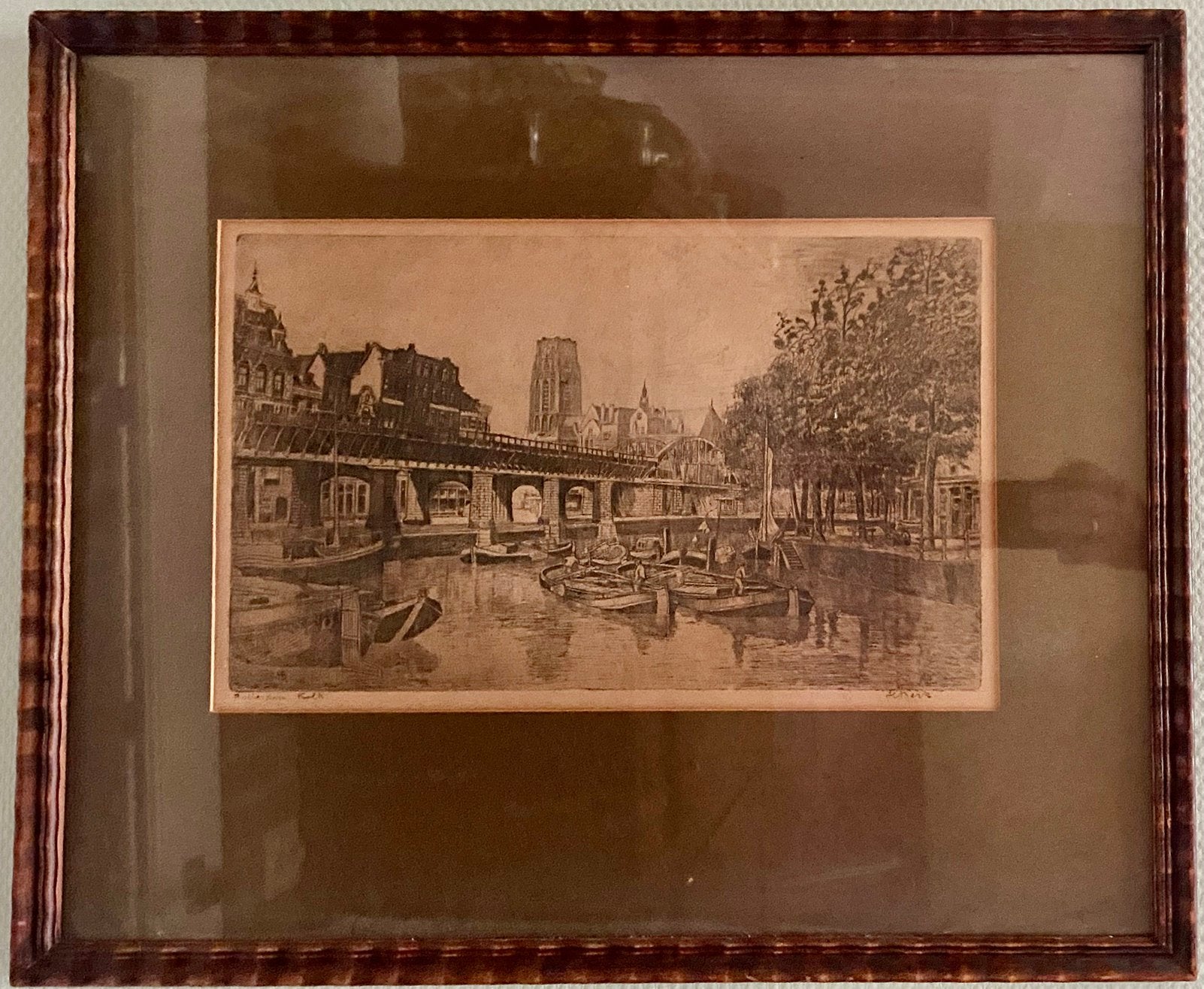Rotterdam, Kolkje, Antiek en Kunst, Ets, Stadsgezicht, Gesigneerd, 52 cm