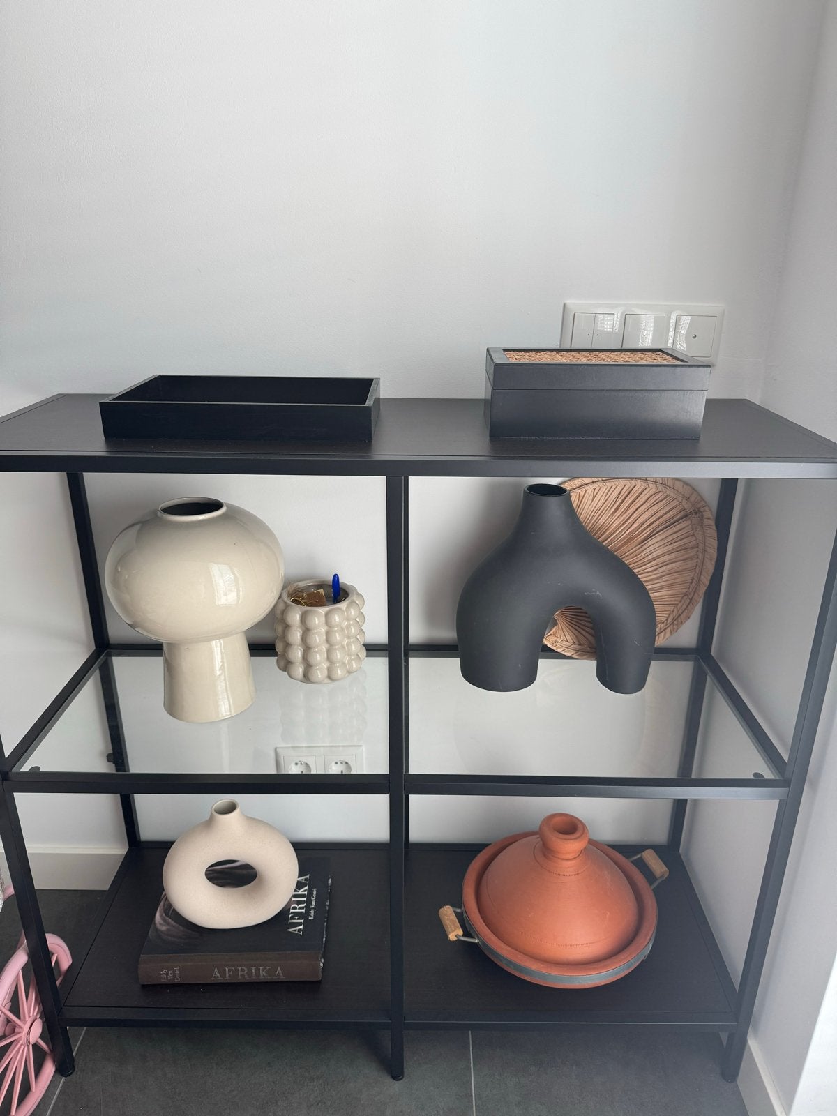 Stellingkast met glazen planken, evt. inclusief decoratie, Huis en Inrichting, Kasten | Stellingkasten, Ophalen, Zo goed als nieuw