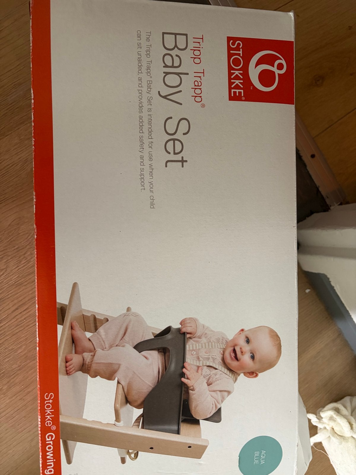 Stokke Tripp Trapp Baby Set Aqua Blue met kussens, Ophalen, Gebruikt, Meegroeistoel, Aanschuifbaar