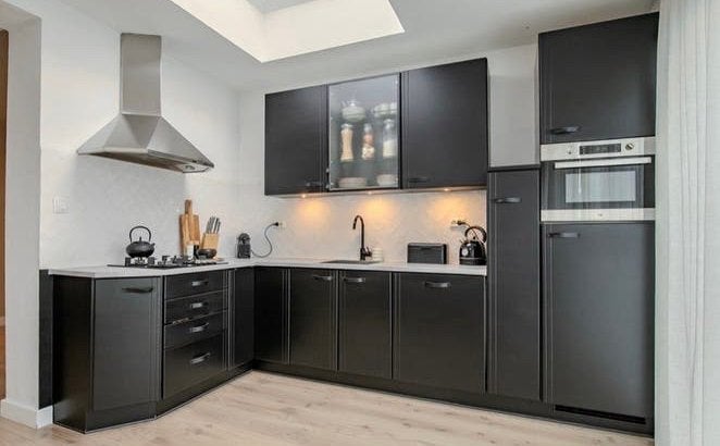 Hoekkeuken L-vorm met Inbouwapparatuur, Huis en Inrichting, Keuken | Complete keukens, Ophalen, Gebruikt, Zwart, Hoekkeuken