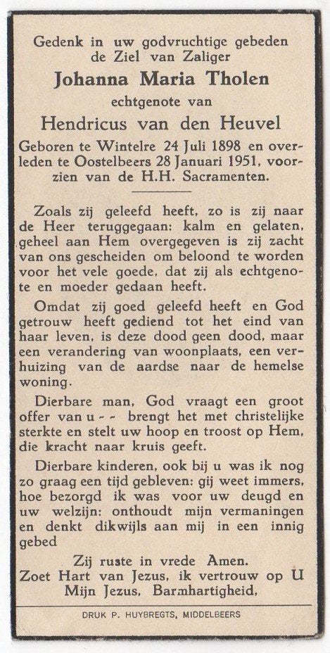 Johanna Maria Tholen 1898 Wintelre + 1951 Oostelbeers, 52 jr, Verzenden