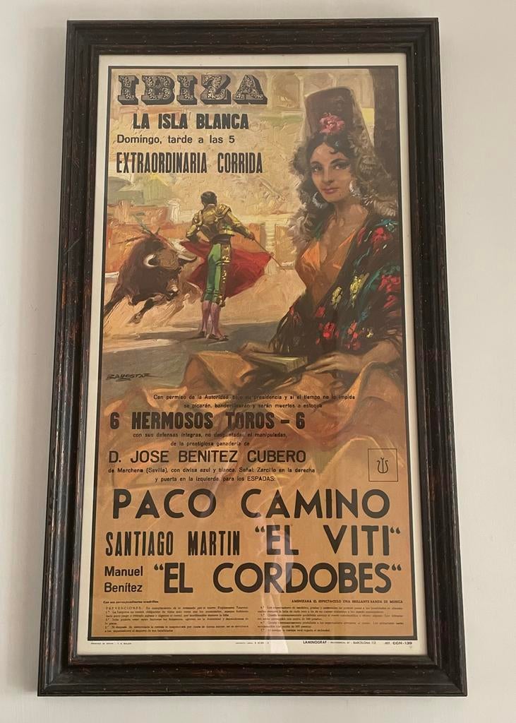 UNIEKE VINTAGE IbizaSTIERENGEVECHT POSTER uit 1970 (98x53cm), Rechthoekig Staand, Deurposter of groter, Ophalen of Verzenden, Zo goed als nieuw