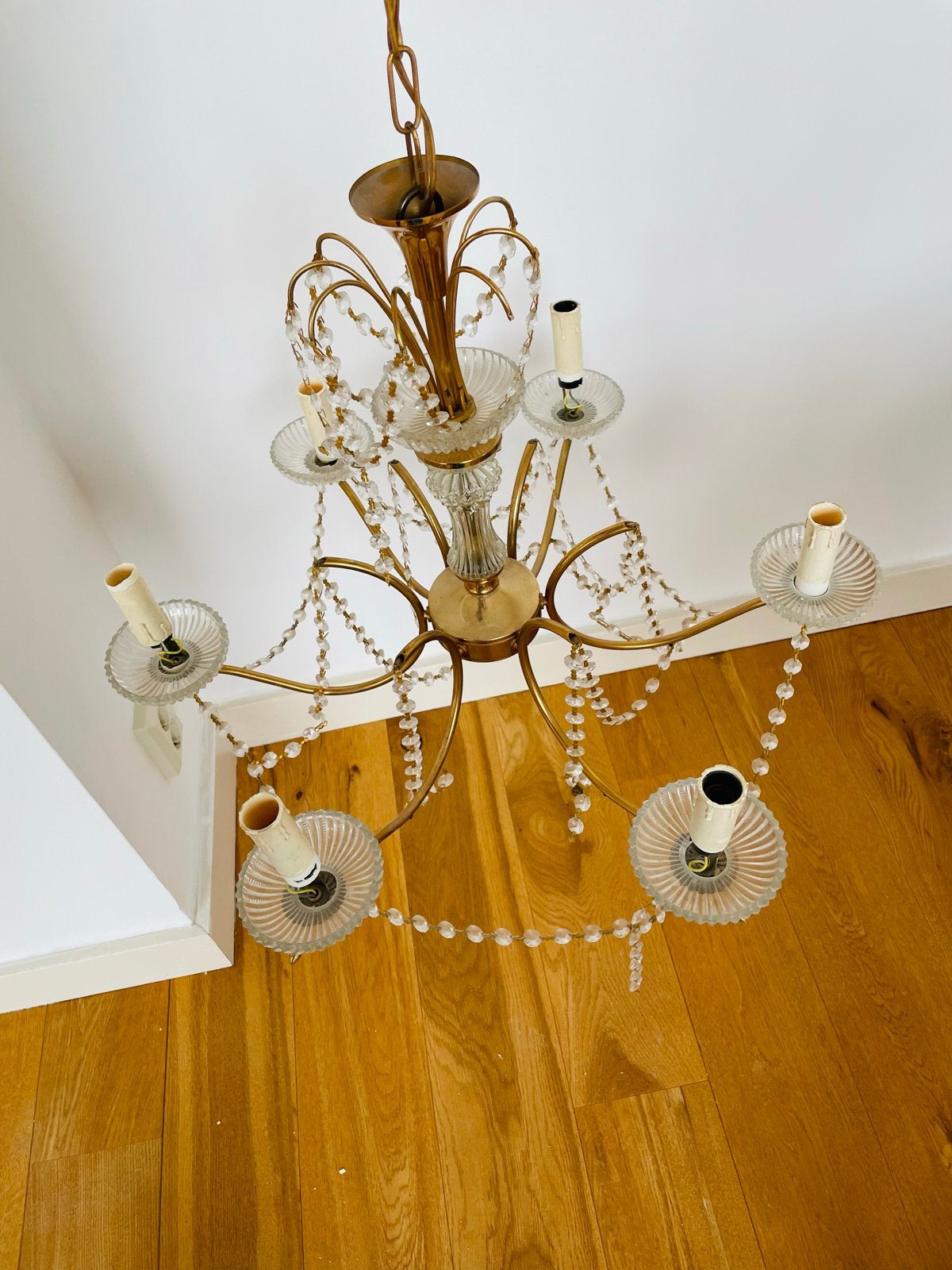 Vintage Kroonluchter met Kristallen en 5 Lichtpunten, Ophalen of Verzenden, Gebruikt, Glas, E14 (klein)
