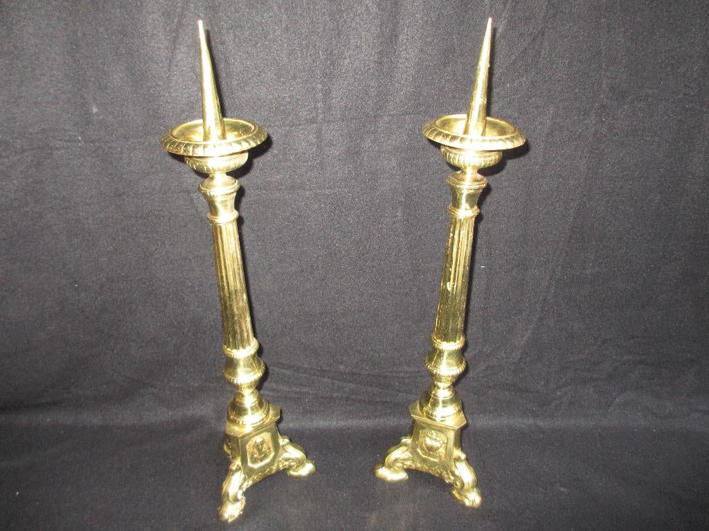 2 antieke altaar kerkkandelaars kandelaar messing 43,5 cm, Antiek en Kunst, Ophalen of Verzenden, Koper of Brons