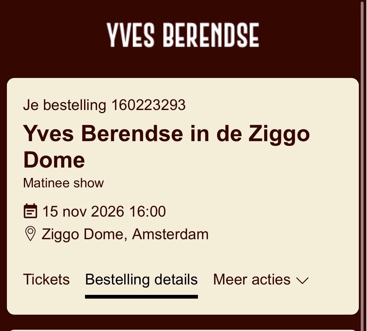 Yves Berendse ziggodome show 2 tickets naast elkaar, Twee personen, November