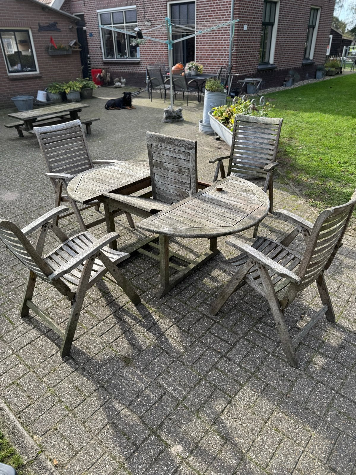 Houten tuinset met 4 stoelen en uitschuifbare tafel, Tuin en Terras, 4 zitplaatsen, Gebruikt, Eettafel, Hardhout
