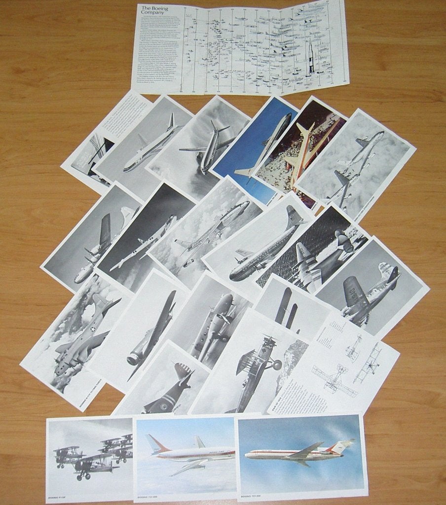Boeing info pakket uit 80 er jaren met 21 Boeing vliegtuig, Ophalen of Verzenden, Zo goed als nieuw, Kaart, Foto of Prent