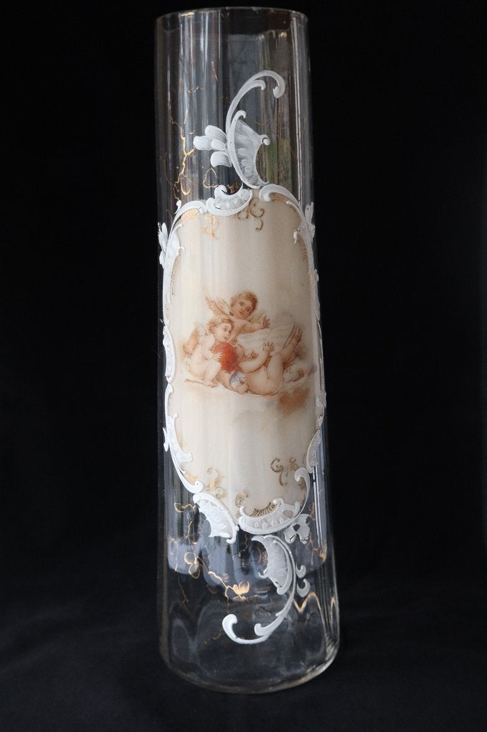 Antieke Franse Art Nouveau emaille glas vaas 1870-1890, Antiek en Kunst, Antiek | Glas en Kristal, Ophalen of Verzenden