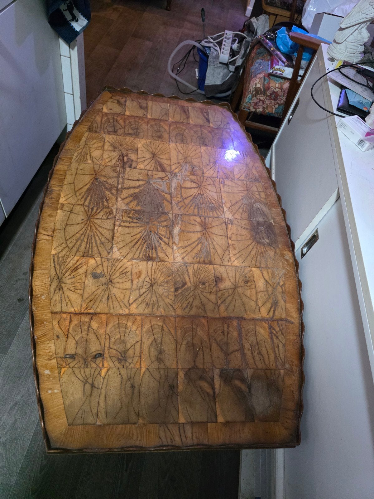 Antieke houten salontafel met uniek blad, Ophalen, Gebruikt, 100 tot 150 cm, 50 tot 100 cm