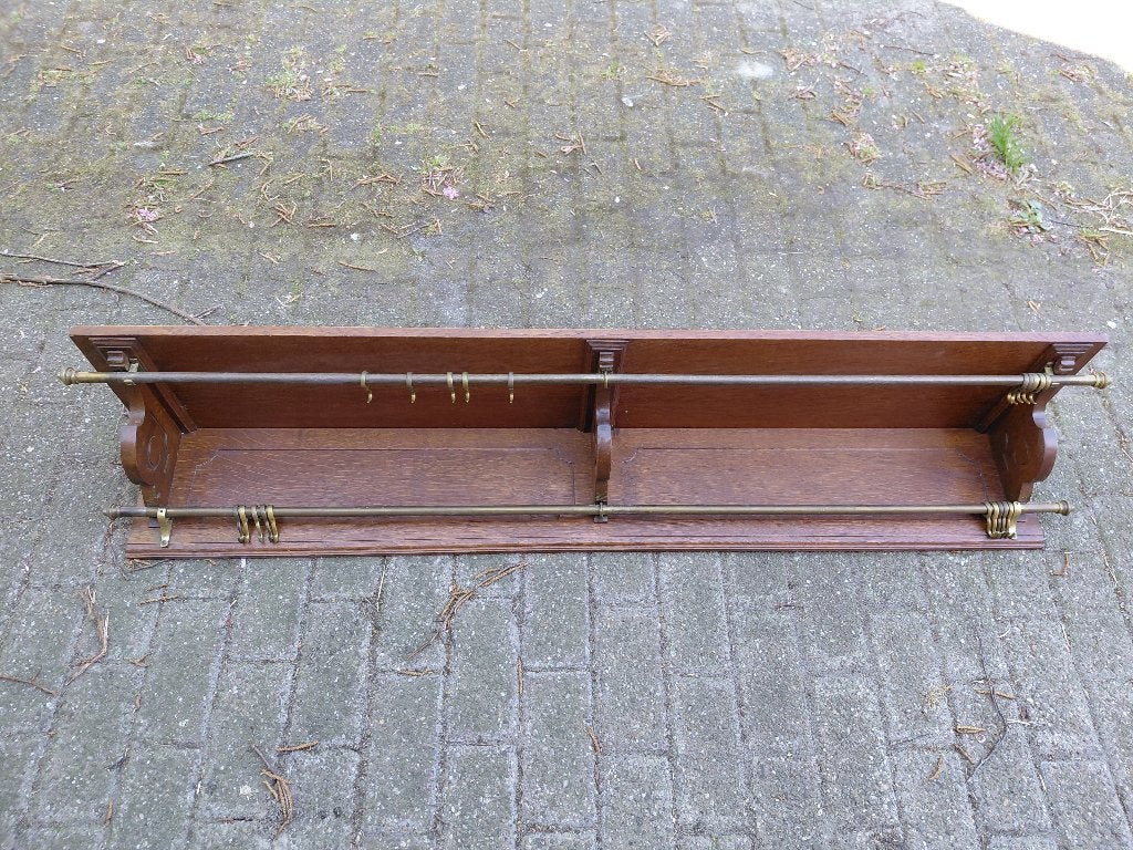 Antieke eiken kapstok met dubbele koperen stangen., Ophalen