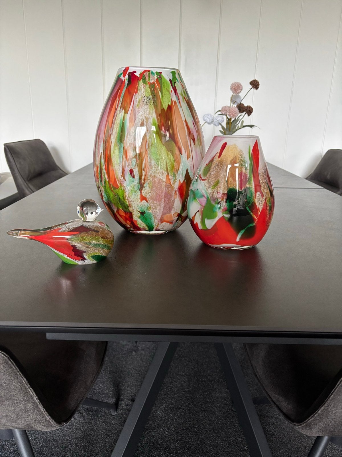 Set van 3 kleurrijke glazen vazen en decoratie, Ophalen