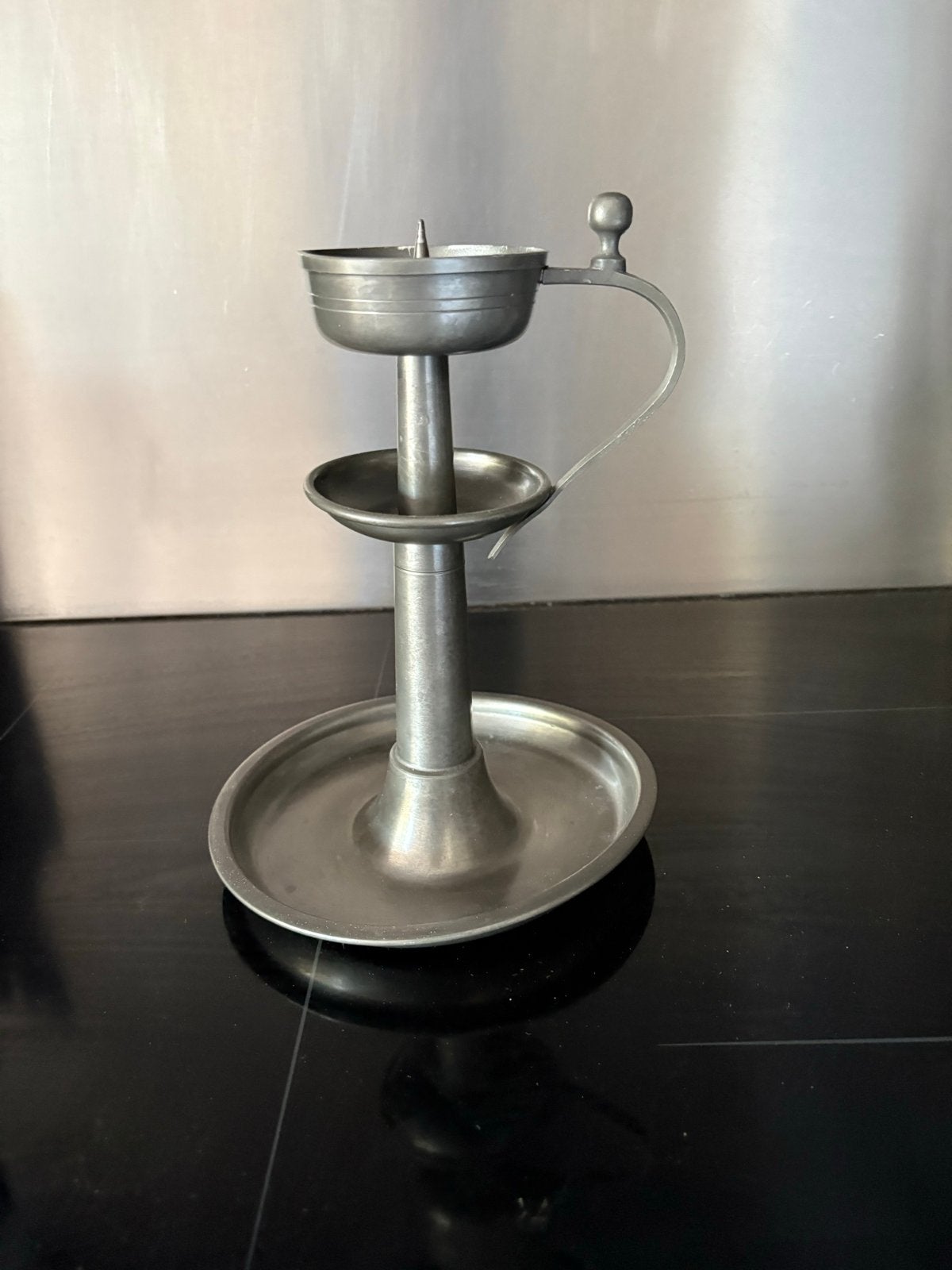Vintage tinnen blaker kandelaar 22 cm met handvat, Ophalen of Verzenden, Overige materialen
