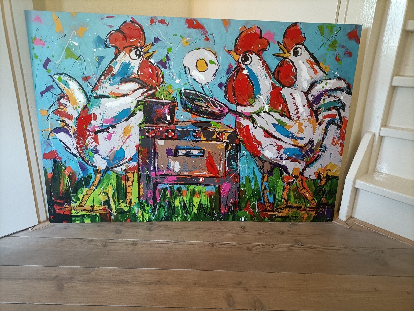 Schilderij Corrie Leushuis - Vrolijk Schilderij - 120x80cm, Ophalen, Kunststof, Ophangklaar, Dieren