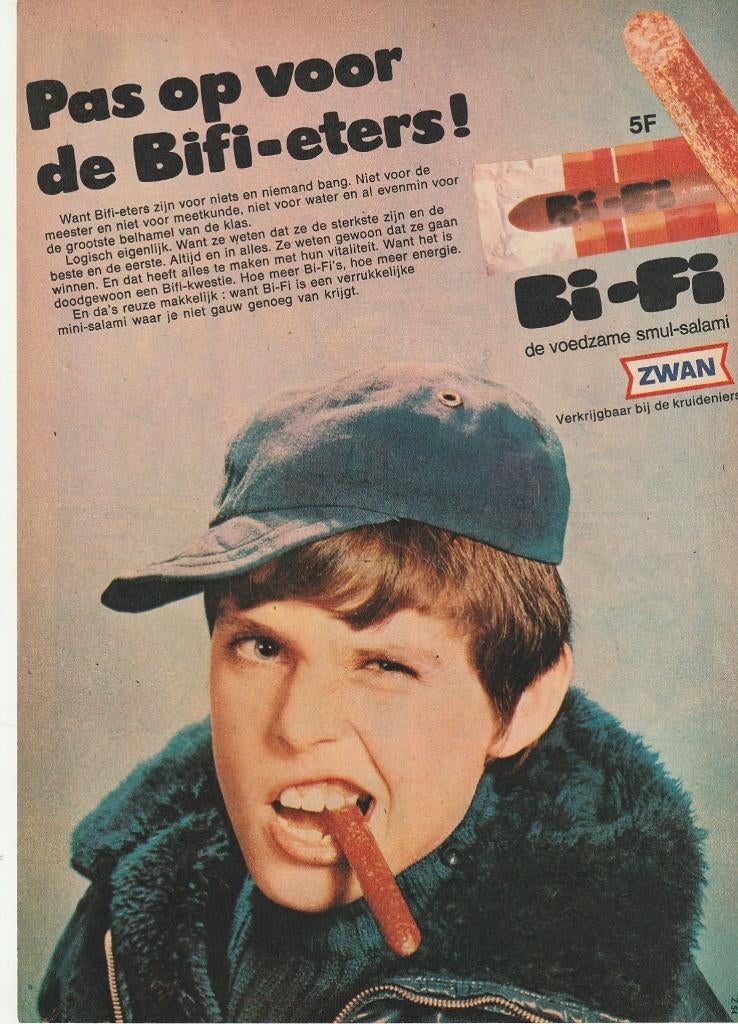 Retro reclame 1970 Bi-Fi worstjes jongetje met petje, Verzenden, Overige typen
