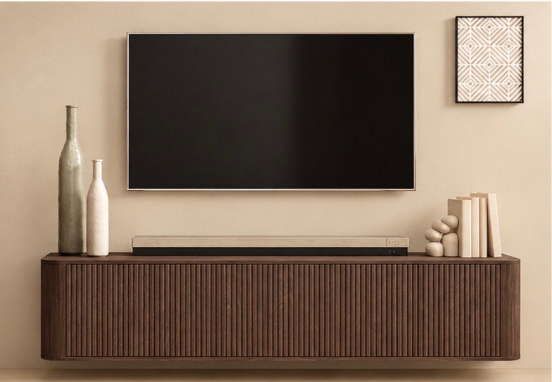 Japandi tv meubel zwevend walnoot, Ophalen, Japandi, Nieuw, 200 cm of meer