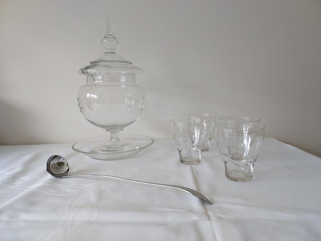 Antieke glazen bowlschaal met lepel en 4 glaasjes, Ophalen of Verzenden