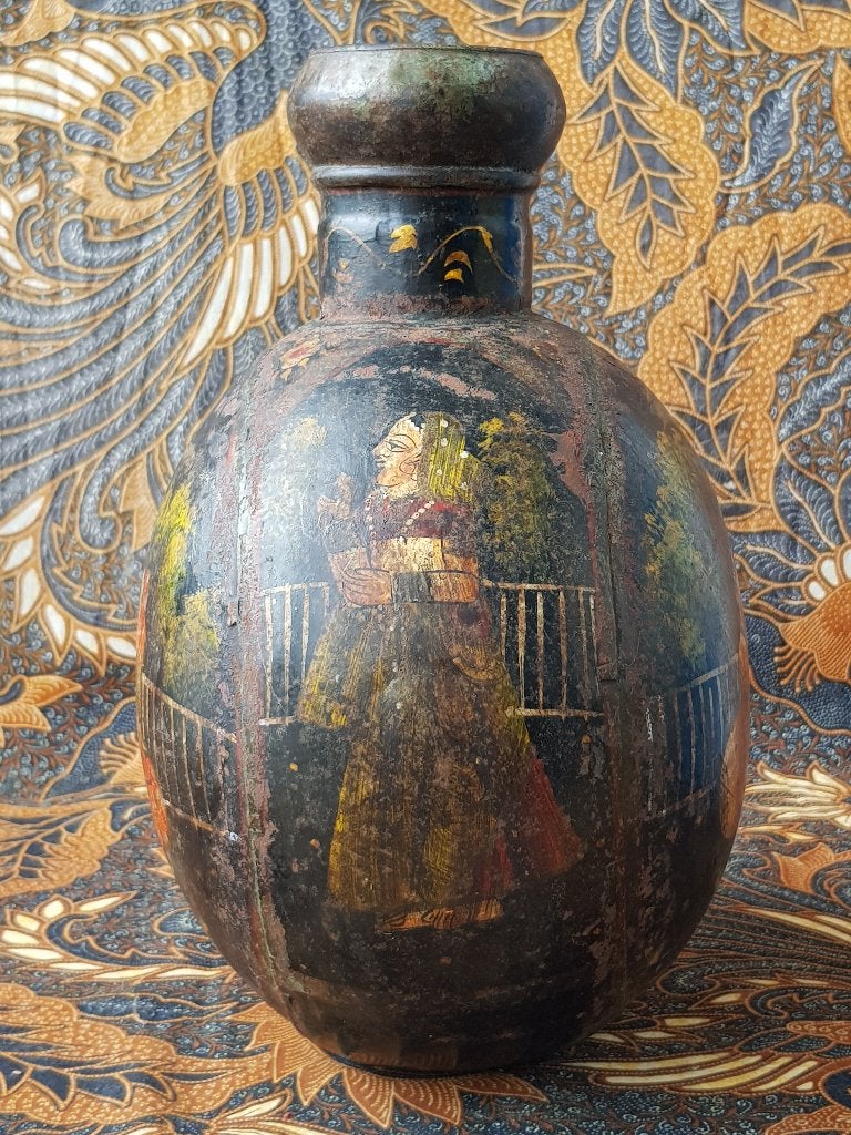 Prachtige oude kruik van Rajastan India van ijzer 30 cm., Antiek en Kunst, Ophalen of Verzenden, Geschilderd, Meerkleurig, Metaal