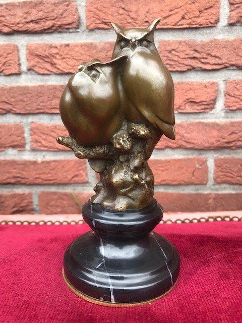 bronzen beeld, twee uilen op een tak, Ophalen of Verzenden, Brons
