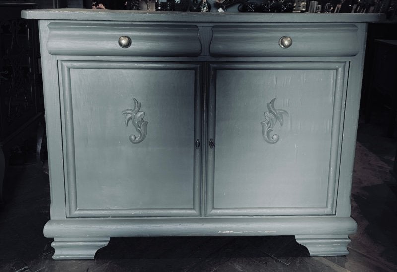 Antiek dressoir, vintage kast, stoer buffet olijfgroen VdlM, Ophalen, Brocante buffetkast, oud kastje tv kast donkergroen, Zo goed als nieuw