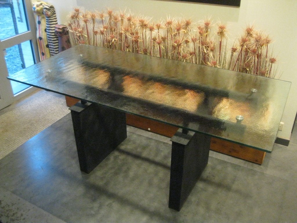 Design tafel metaal en glas, Ophalen, 200 cm of meer, 50 tot 100 cm, Metaal