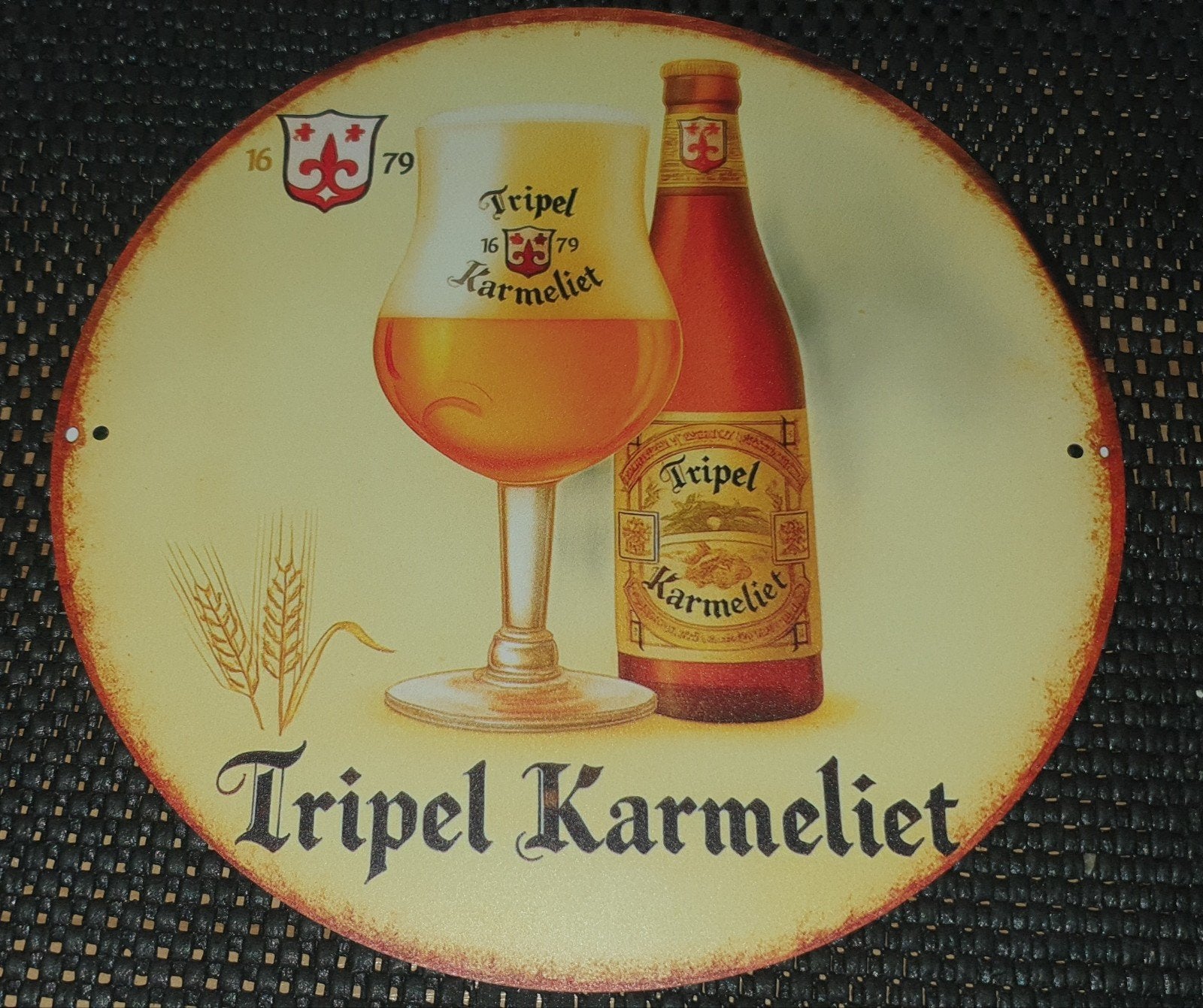 Prachtig rond metalen reclamebord tripel karmeliet – ø 20 cm, Verzamelen, Biermerken, Ophalen of Verzenden, Nieuw, Reclamebord, Plaat of Schild