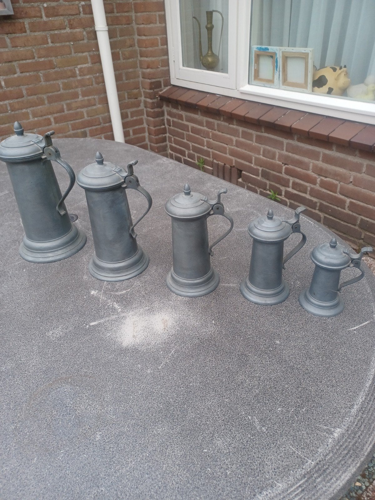 Set van 5 antieke tinnen bierpullen/kannen, Ophalen of Verzenden