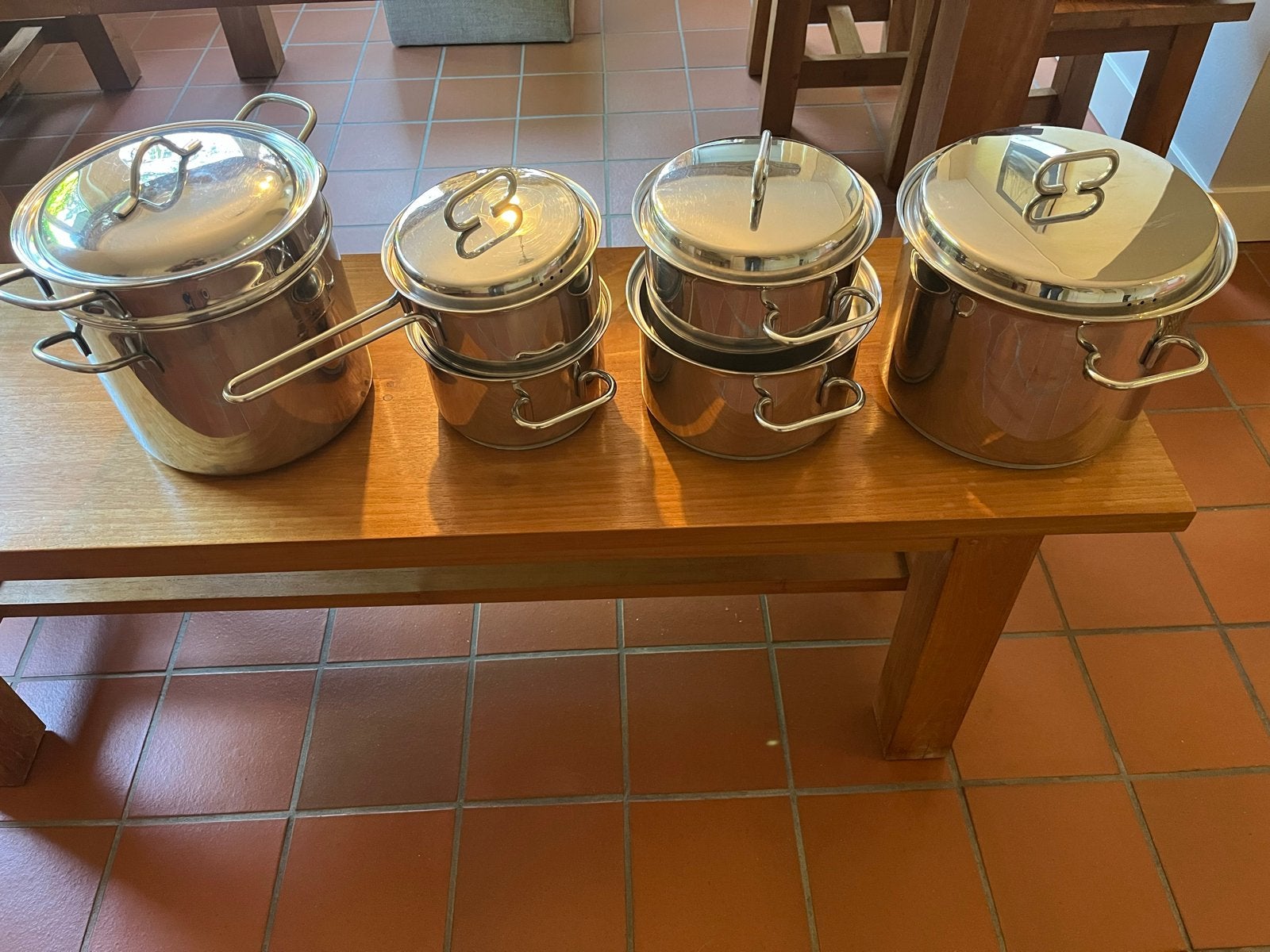 Complete Brabantia pannenset, RVS, 5-delig en pasta pan, Ophalen, Gebruikt, Met deksel, Rvs
